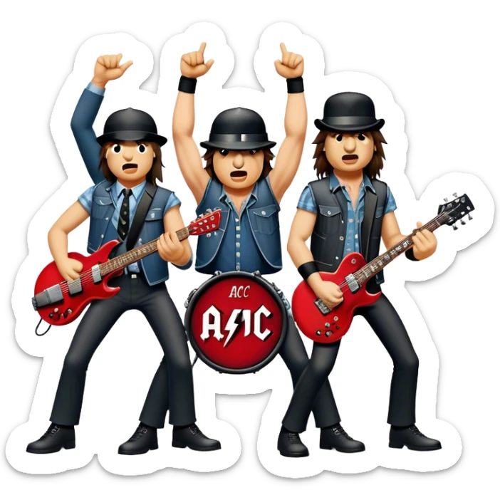 Cinematic Realistic AC/DC Band Emoji, depicted as a high-energy rock ensemble with electrifying stage presence and gritty textures, rendered with bold vibrant lighting that captures the raw power and rebellious spirit of their music. sticker