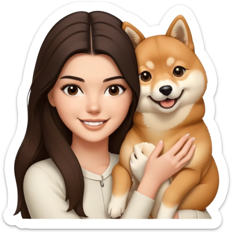 brunette Kendall Jenner with long hair holding on the hands a smile Shiba Inu sticker