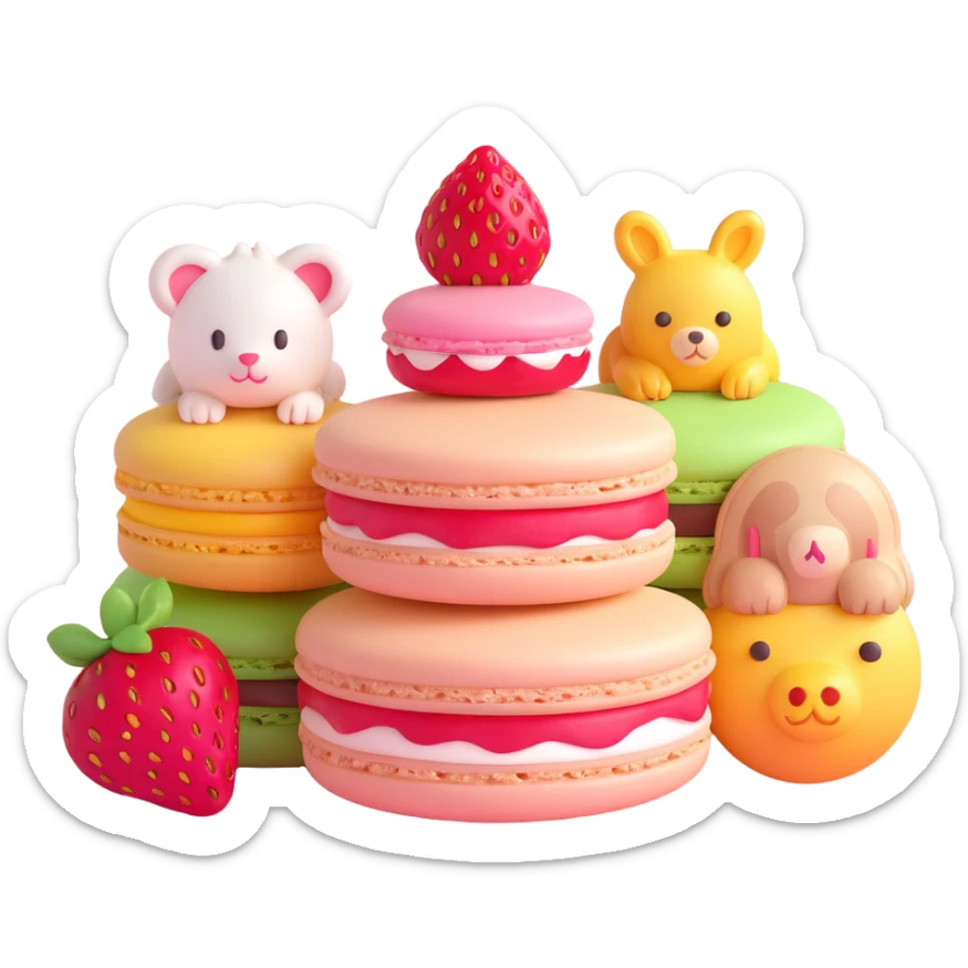 A 3D iOS style emoji of a pink macaron with a strawberry on top and three cute animals peeking out from between the layers. The macaron should have a glossy finish and soft shadows, with a light beige background and small yellow stars scattered around. sticker
