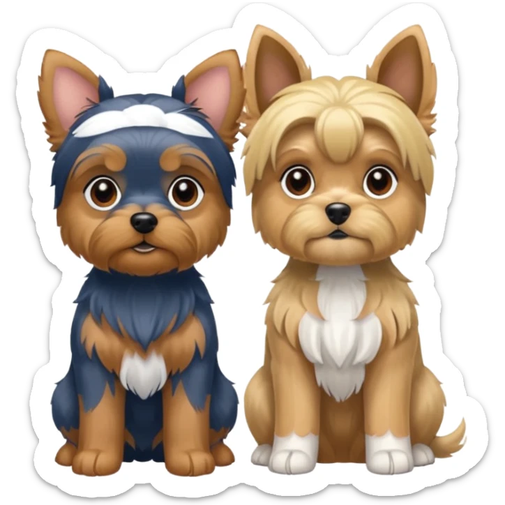 Generate a blue and tan purebred yorkie with a blonde shi tzu yorkie mix with floppy ears sitting next to each other. Make them the same soze sticker
