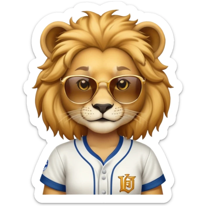 head and shoulders close-crop of a confident female lion wearing a baseball shirt and dark sunglasses sticker