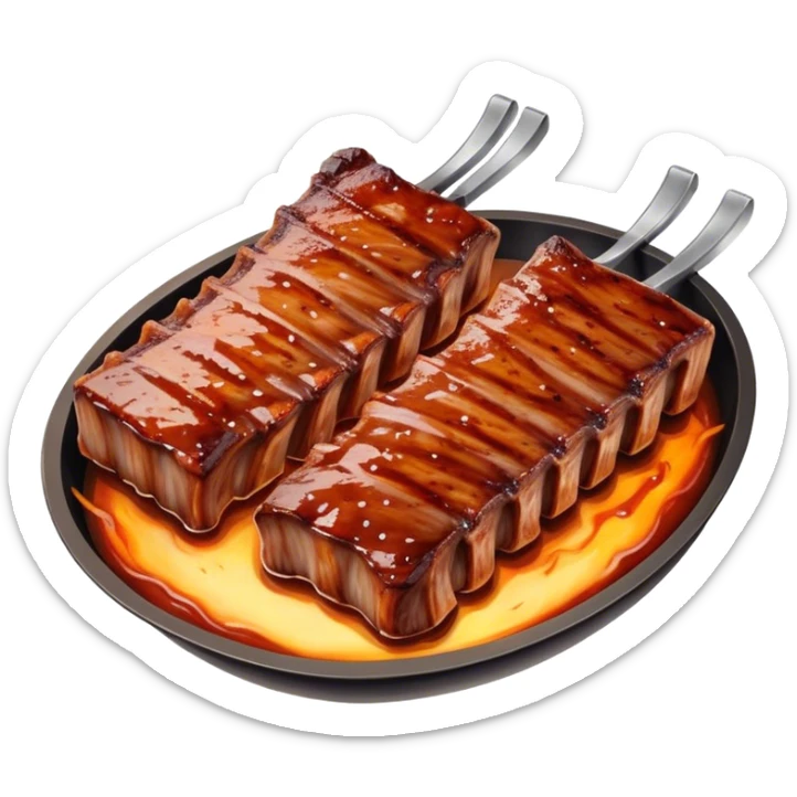 Cinematic juicy grilled ribs, glistening with smoky barbecue sauce, charred edges, tender meat falling off the bone, sizzling on a hot grill, mouthwatering and rich, warm and inviting, ultra-realistic and delicious. sticker
