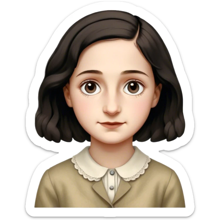 Anne Frank – Cinematic Realistic Portrait of Anne Frank, depicted with a reflective, gentle expression in period clothing, her eyes conveying hope and resilience, rendered with soft, natural lighting and delicate textures that capture the poignancy of her legacy. sticker