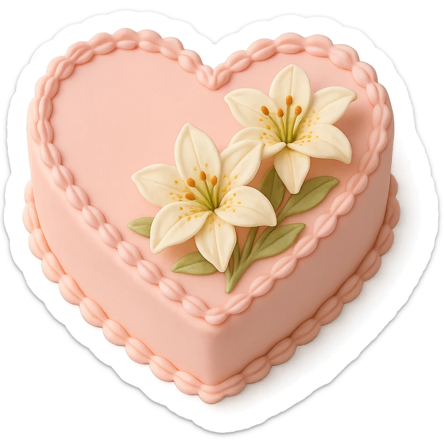 heart-shaped fondant cake with piped lilies sticker