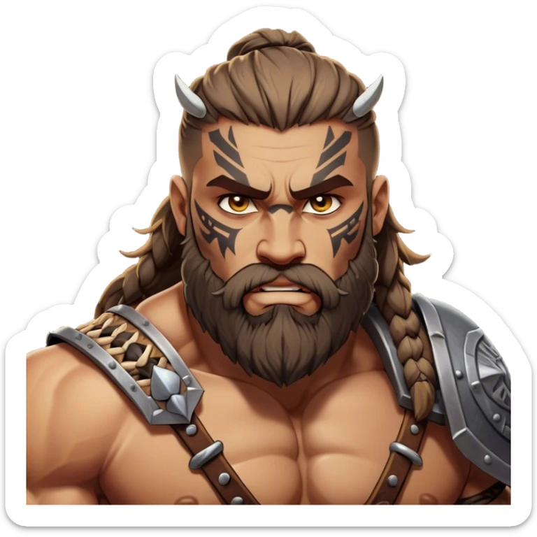 Clash of Clans aesthetic: Cinematic Rugged Barbarian Portrait Emoji, Intense and formidable with a heavily muscled physique, a rugged beard, piercing eyes and battle-worn armor adorned with tribal markings, his complexion a light tan that speaks of hard-fought battles, Simplified yet powerfully detailed features, highly detailed, glowing with a deep, primal energy, high shine, gritty and uncompromising, stylized with an air of raw, untamed power, focused and determined, soft glowing outline, capturing the essence of a barbarian warrior carved by countless battles and poised to lead his clan into epic conflict! sticker