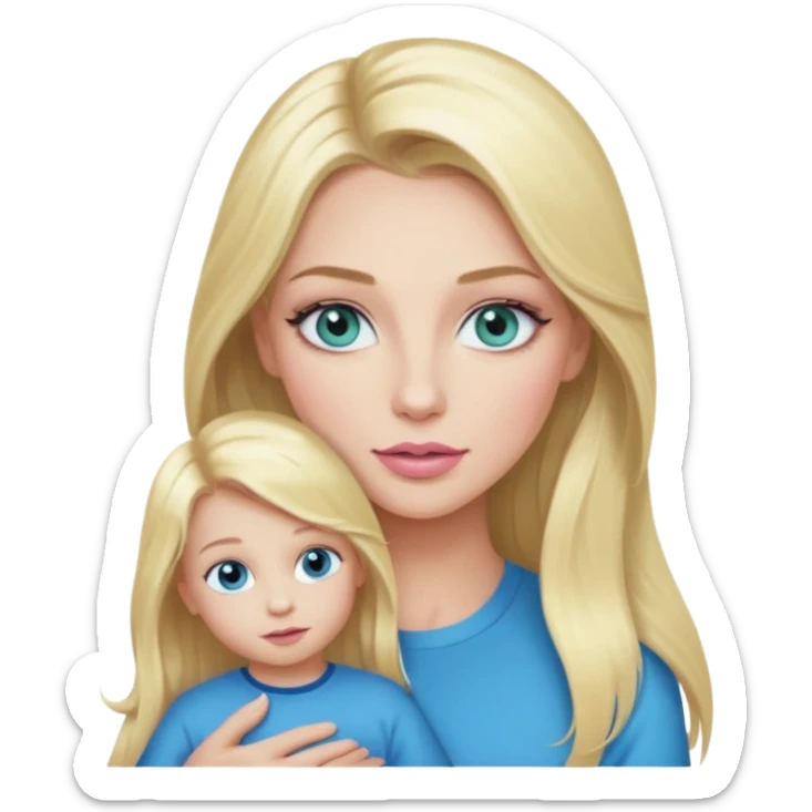 Blonde baddie with long hair Pretty makeup long lashes blue-green eyes ,   light pink lips ,holding 1 little Boy, with blue eyes sticker