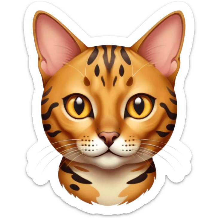 Cinematic Bengal Cat Portrait Emoji, Elegant and striking, sleek spotted brown and gold tones, Simplified yet sharp features, highly detailed, glowing with a warm, confident glow, high shine, playful and curious, stylized with an air of grace, focused and attentive, soft glowing outline, capturing the essence of agility and confidence, so lifelike it feels as though it could spring into motion at any moment! sticker