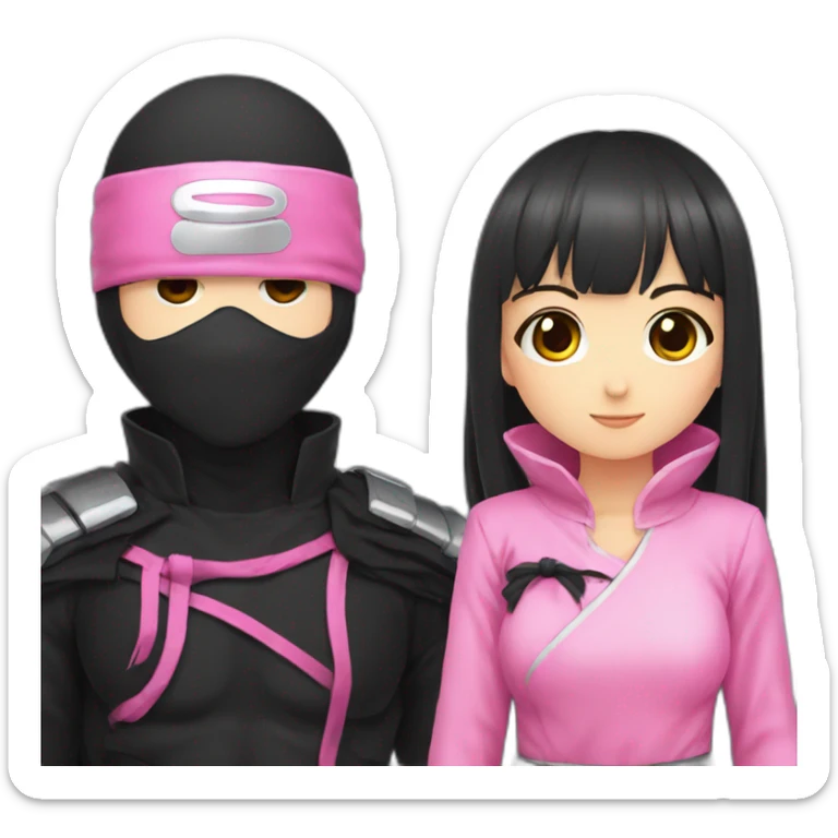 cute anime girl with pink ninja clothing along side a man ninja with black clothing and holding hands sticker
