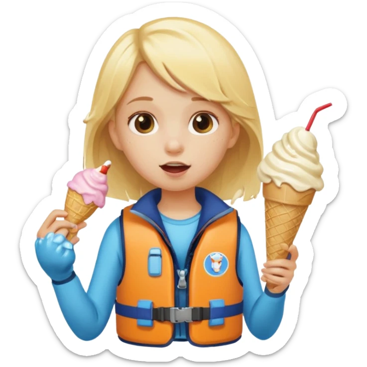 girl blonde kid wearing lifejacket, eating ice cream sticker