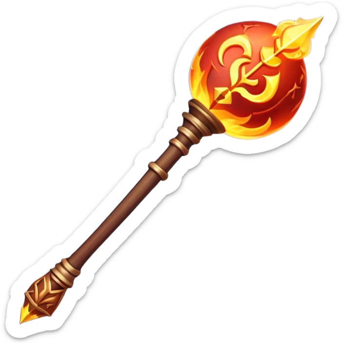 Clash of Clans aesthetic: Cinematic fireball Magic Staff Emoji, rendered in a 3D vector-style similar to standard emojis with minimal shading and bold, simplified shapes. A compact, isometric enchanted staff with intricate runic carvings and a glowing orb at its tip, softly glowing with a mystical arcane charm. Simplified yet unmistakably iconic, highly detailed and consistent, glowing with a soft radiant glow and high shine. Stylized with a touch of legendary sorcery and a soft glowing outline, capturing the essence of a powerful magic staff with a friendly, playful vibe! sticker
