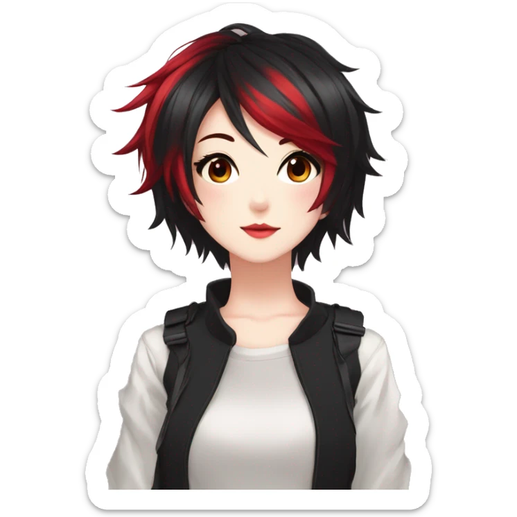 Gorgeous anime style tomboy-lady with blushing face aesthetic and pretty edgy black red punk hair with hair garment trending style sticker