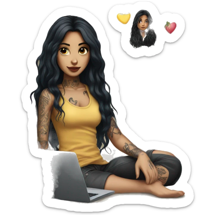 beautiful girl with long black hair, with laptop, with tattoos  sticker