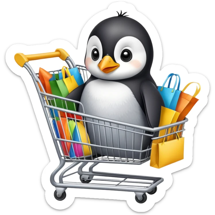 cute baby penguin sitting in a shopping cart filled with shopping items and colorful shopping bags sticker