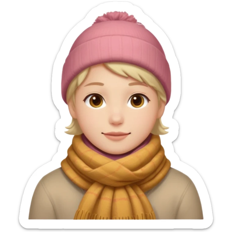 Fantasy human portrait emoji, warm winter scarf around neck, cozy holiday mood, slightly rosy cheeks, simple clean design, no hat, readable emoji style, male/female variant
 sticker