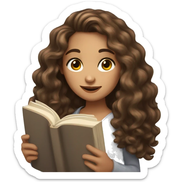 girl with long curly brown hair, she has light, white skin, two moles on her right cheek, brown eyes, looks at an open book in her hands sticker