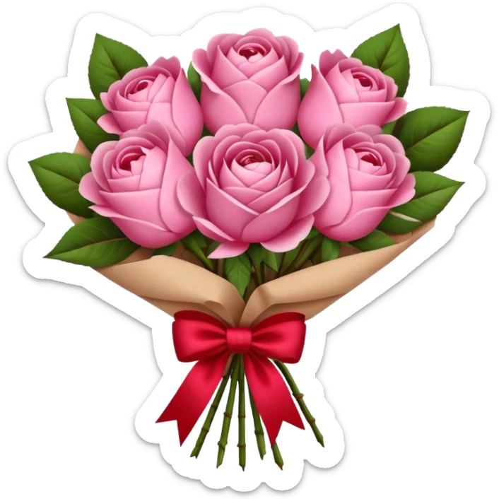 Bouquet of pink flower like rose and peony wrapped in kraft paper with red bow sticker