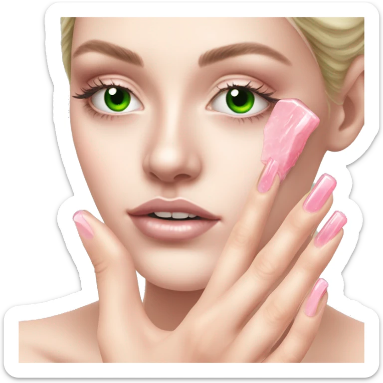 White Girl hand pink nails holding pink Gua sha and green eyes sticker