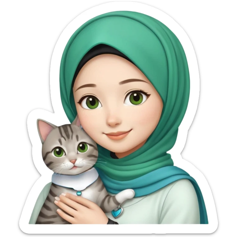 Asian White girl wearing cute green hijab wearing white dress holding a black grey tabby cat while smiling. The cat is wearing a blue collar sticker
