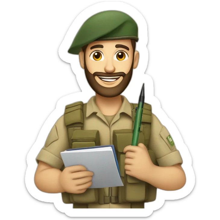 pale brown bearded israeli flag IDF soldier happy holding notebook and pen and stationary sticker