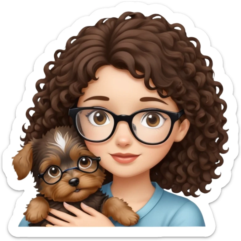 Brunette girl with glasses and curly hair embracing a yorkshire terrier puppy sticker