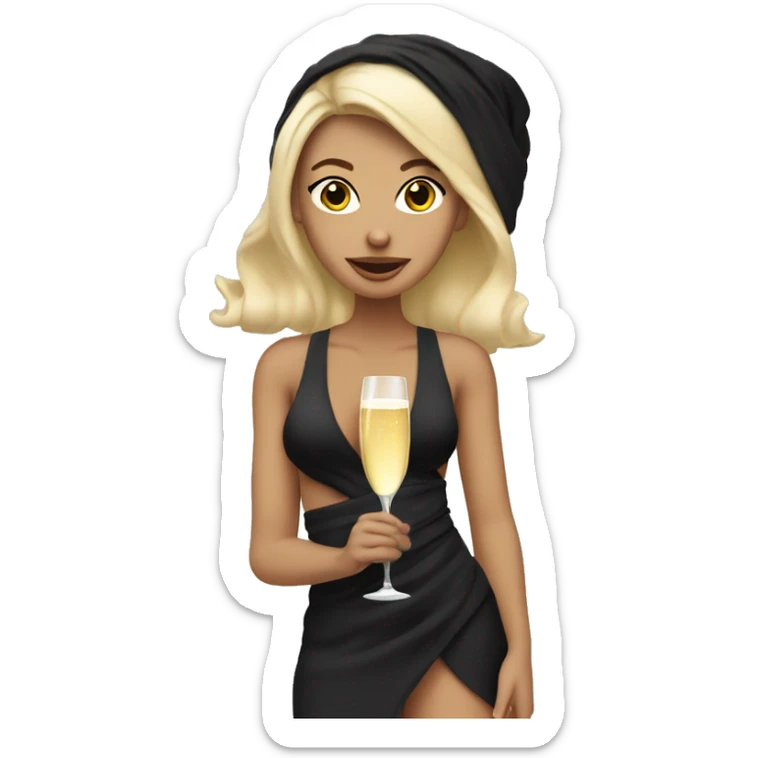 Girl with towel wrapped around her head and body holding a champagne glass and bottle in black high heels  sticker