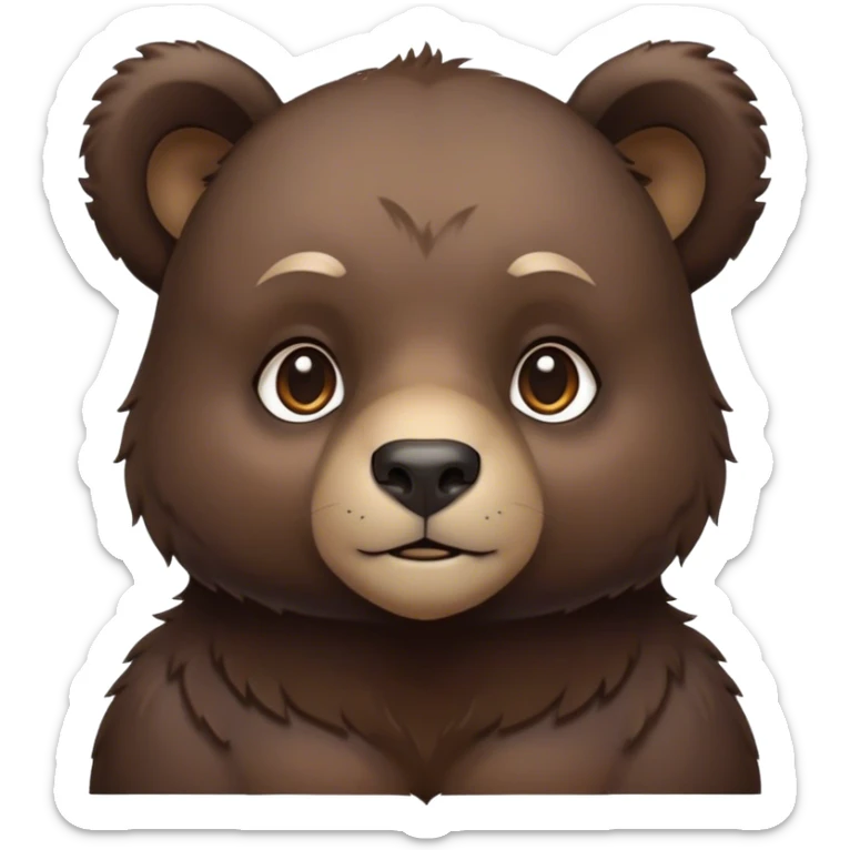 Cinematic Noble bear cub Portrait Emoji, Poised and regal, with a large, imposing build and a thick, well-groomed rich dark brown fur, deep-set soulful eyes, Simplified yet sharp and sophisticated features, highly detailed, glowing with a soft, dignified glow, high shine, intelligent and formidable, stylized with an air of wild majesty, focused and attentive, soft glowing outline, capturing the essence of a watchful and commanding guardian, so majestic it feels as though it could lumber out of the screen with effortless authority! sticker