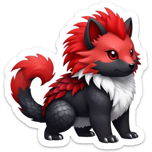 Cute cool black red animal hybrid Fakemon full body, detailed, fluffy, scaly, edgy sticker