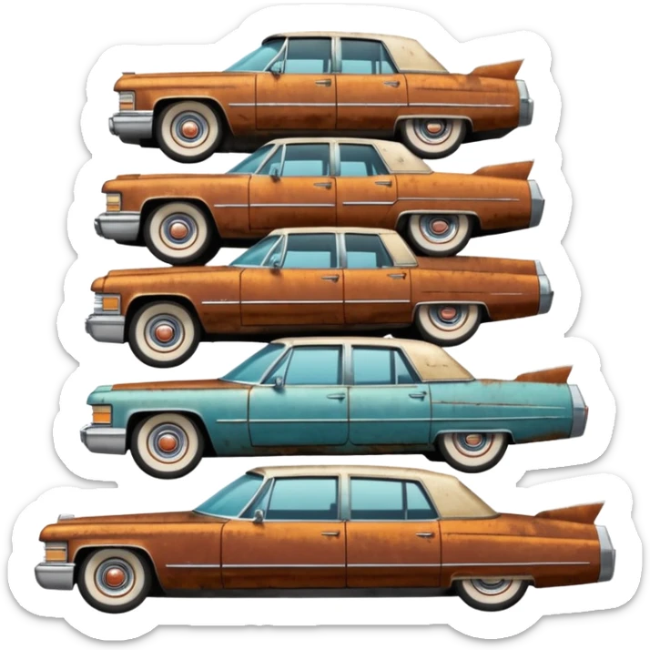 Cinematic realistic ultra HD - a pile of old vintage cadillac cars stacked in a pyramid sticker