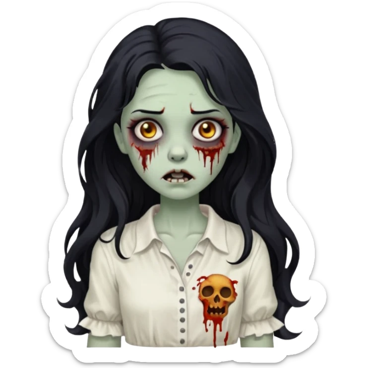 garota zumbi com cabelo preto ondulado longo blusa branca sticker