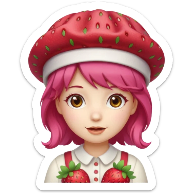 Cute ai emoji girl strawberry hair, and shortcake Berry hat, kawaii sticker
