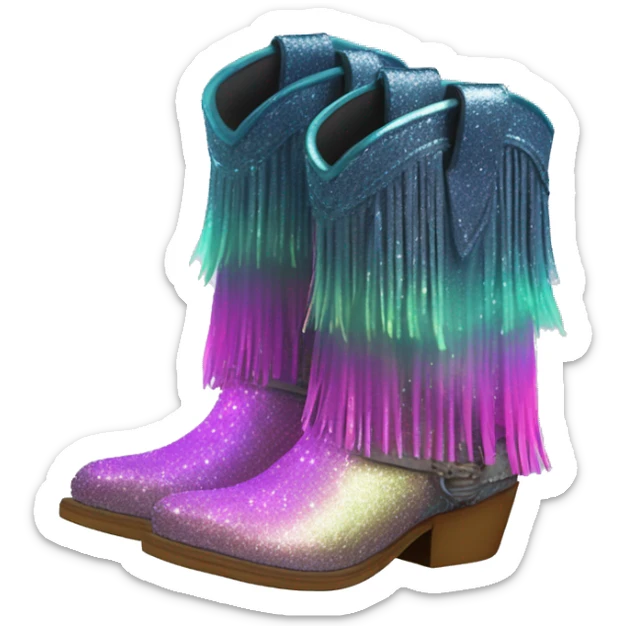 Realistic Northern Lights pair of fashion cowgirl boots with sparkly shiny glitter fringe on them. sticker