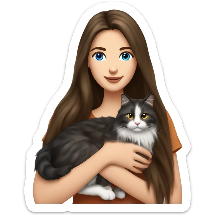 long straight haired blue eyed brunette woman holding norwegian forest cat with amber eyes sticker