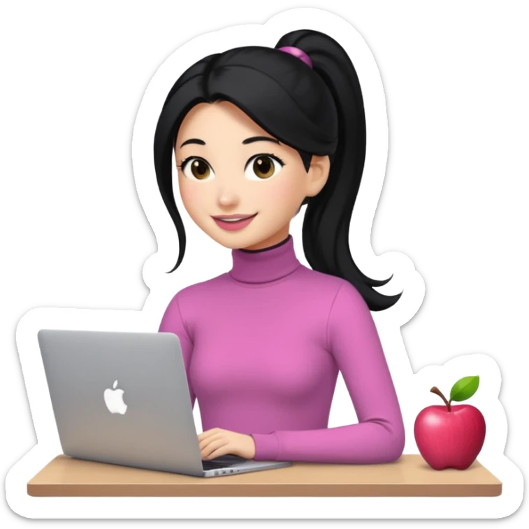 a woman with long sleeve turtle neck top and smile, her hair is long black pony tail, her eyes color are black and the color of her lip is soft pink with apple notebook (macbook). her jab is digital designer. sticker