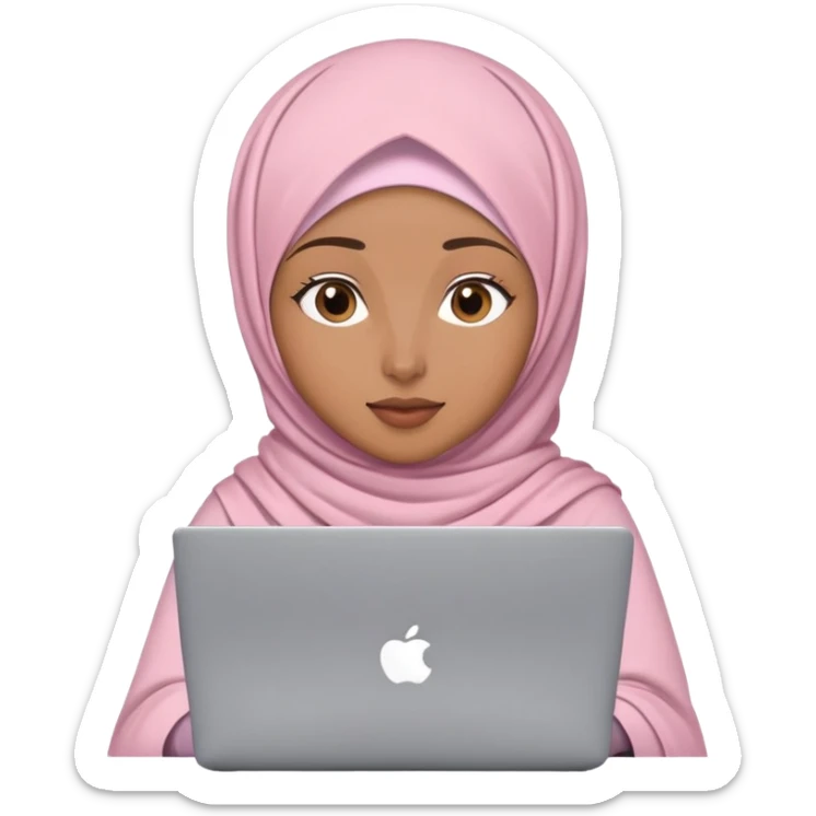 Light brown skin woman wearing modern loose light pink hijab working behind laptop sticker