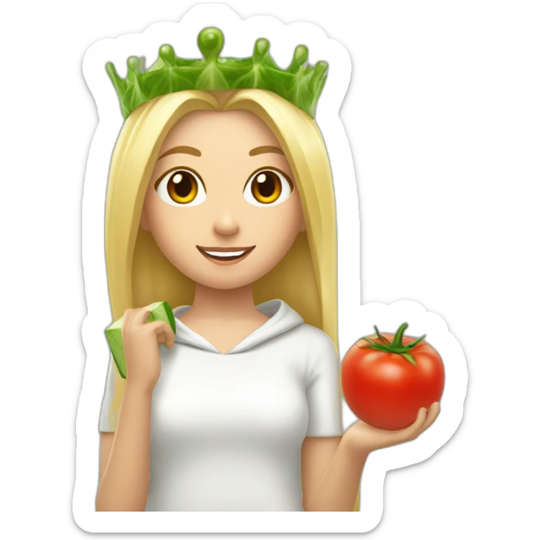 blonde girl  eating  cucumber and tomatoes with white hoodie iridescent and a crown princess sticker