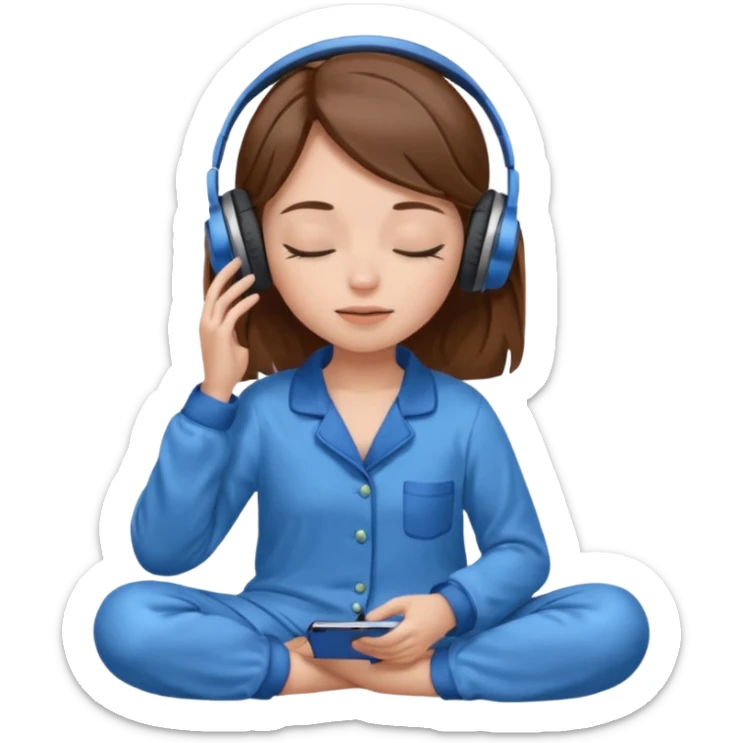 chica con pelo castaño ojos cerrados escuchando musica en pijama azul sticker
