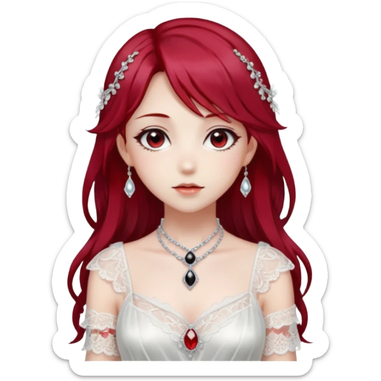 Beautiful shiny ethereal Gorgeous Anime Lady with dark hair and red hair streaks with a beautiful white silky lace dress and rubies and onyx gems  sticker