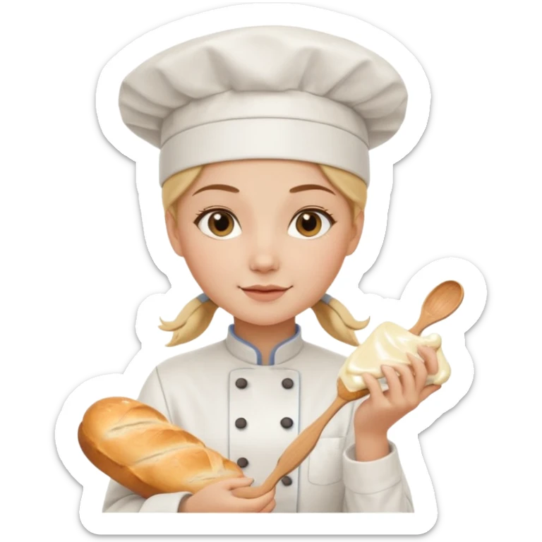 Young female baker - white chef hat, holding cream piping bag to milk oil on bread sticker