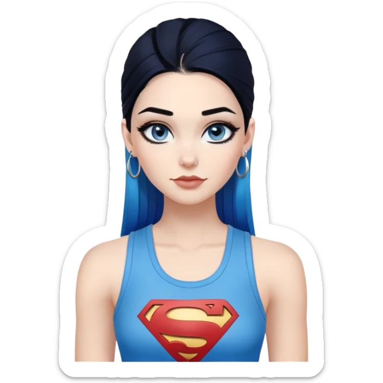 Flirty-very-beautiful-face-long-straight-dark-blue-ombre-hair-and-blue-eyes-thick-black-eyeliner-really-thick-long-eye-lashes-sky-blue-superman-tank-top-silver-hoop-earrings sticker