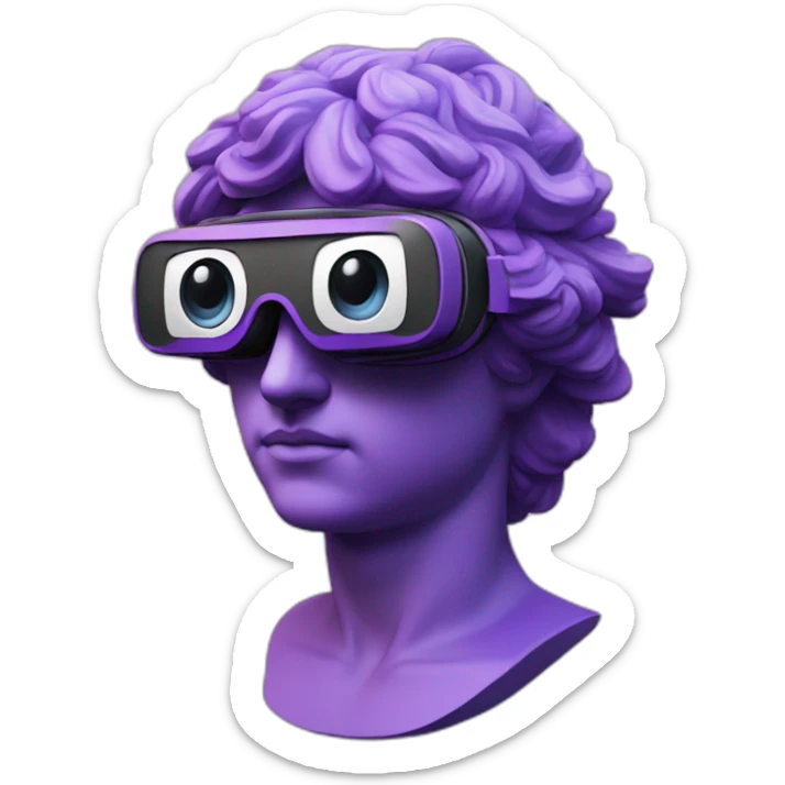 an EMOJI OF A ancient young greek statue, wearing VR headset, purple colors, DIGITAL UNIVERSE sticker