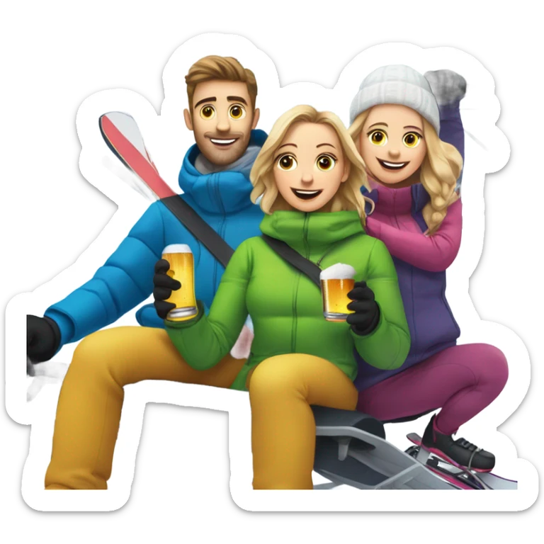 Two white girls one with skiis and one with snowboard  one white man with skis on chairlift with beer  sticker
