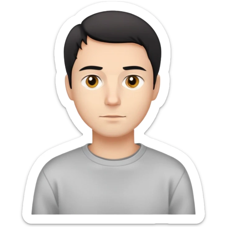 Avatar masculino tranquilo: piel clara, ojos marrón dorado, pelo negro corto. Leve sonrisa. Sudadera gris, camiseta blanca. Fondo blanco.

Emojis: 🧑‍🦱👤😊👀✨🖤🧥👕⚪灰色

Sticker con Lentes:

Mismo avatar con gafas de lectura cuadradas negras. Aire intelectual.

Emojis: 🧑‍🦱👤😊<0xF0><0x9F><0xA5><0xB3>👀🖤🧥👕⚪灰色⚫ sticker