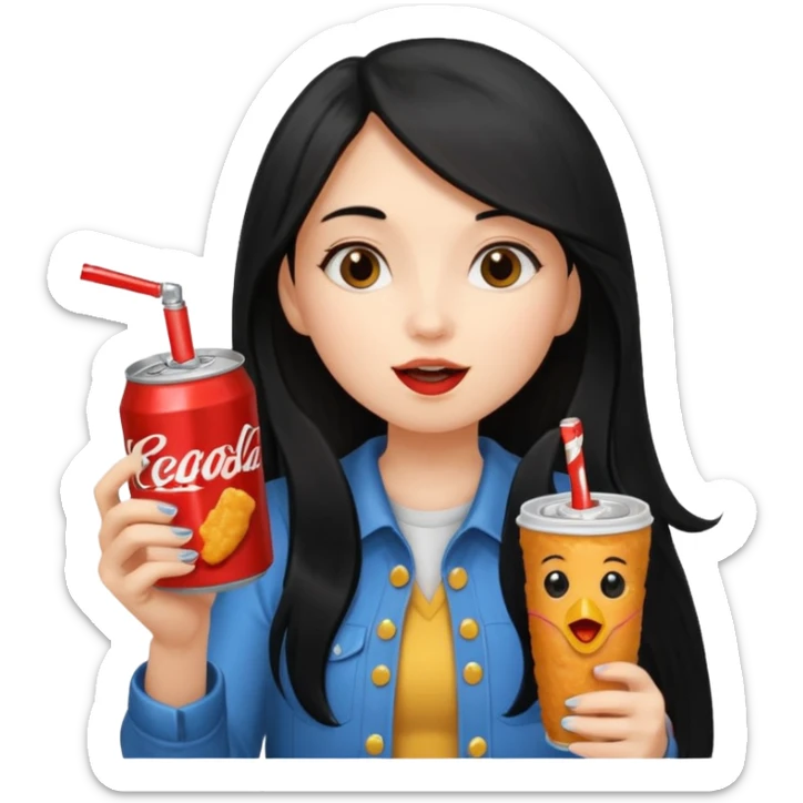 girl with long black hair eating with mouth on the chicken nugget and holding a soda can sticker