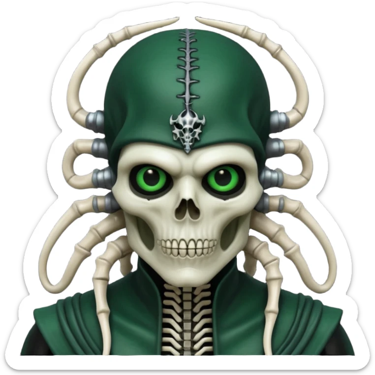 HR giger, wires, dark green, black flesh undead sorcerer, head. bones and skin sticker