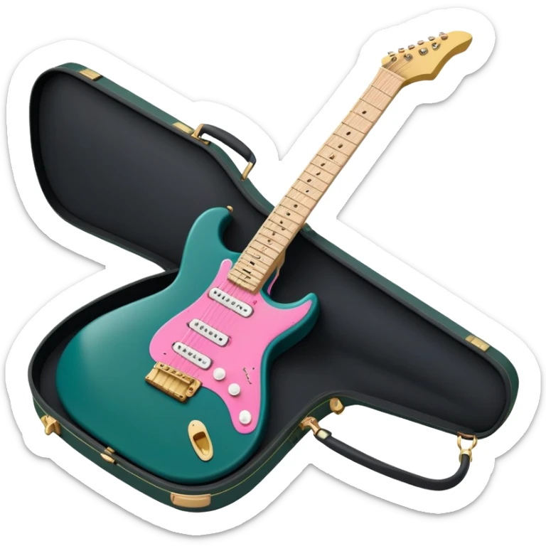 minimalist electric guitar in dark green with pink and blue stripe decal, closed inside a black rectangular hard case with gold latches, flat semi-3D style, soft matte textures, simplified details, stylized decal accent sticker