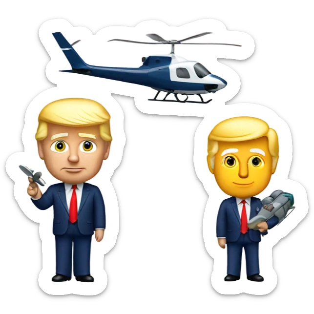 Donald trump holding an airplane in one hand and a helicopter in the other hand sticker
