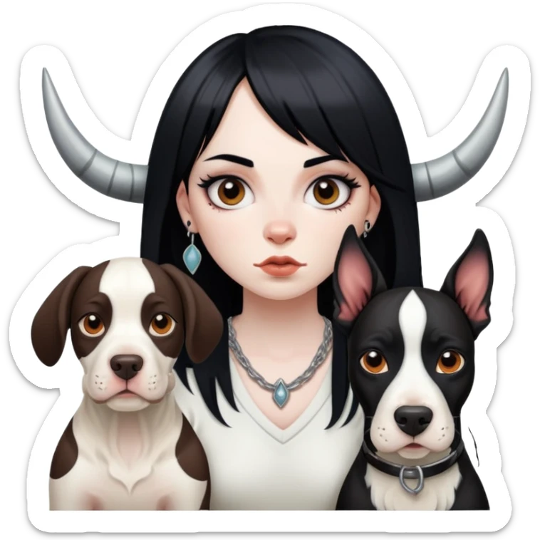 girl with long black  straight bangs hair with tattoo and a Springer dog  and  bull a terrifying dog sticker