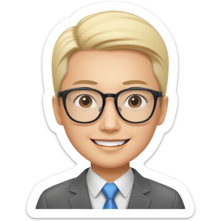 smiling Asian consultant, 35, short blond slicked-back hair, big glasses sticker