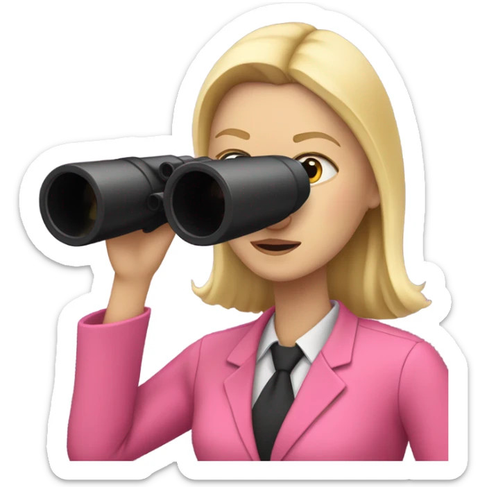 white female employee with loose blonde hair wearing intensive color pink suit looking in binoculars sticker