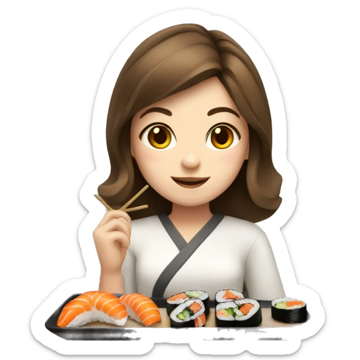 Girl with shoulder length brown hair and fair skin eating sushi sticker